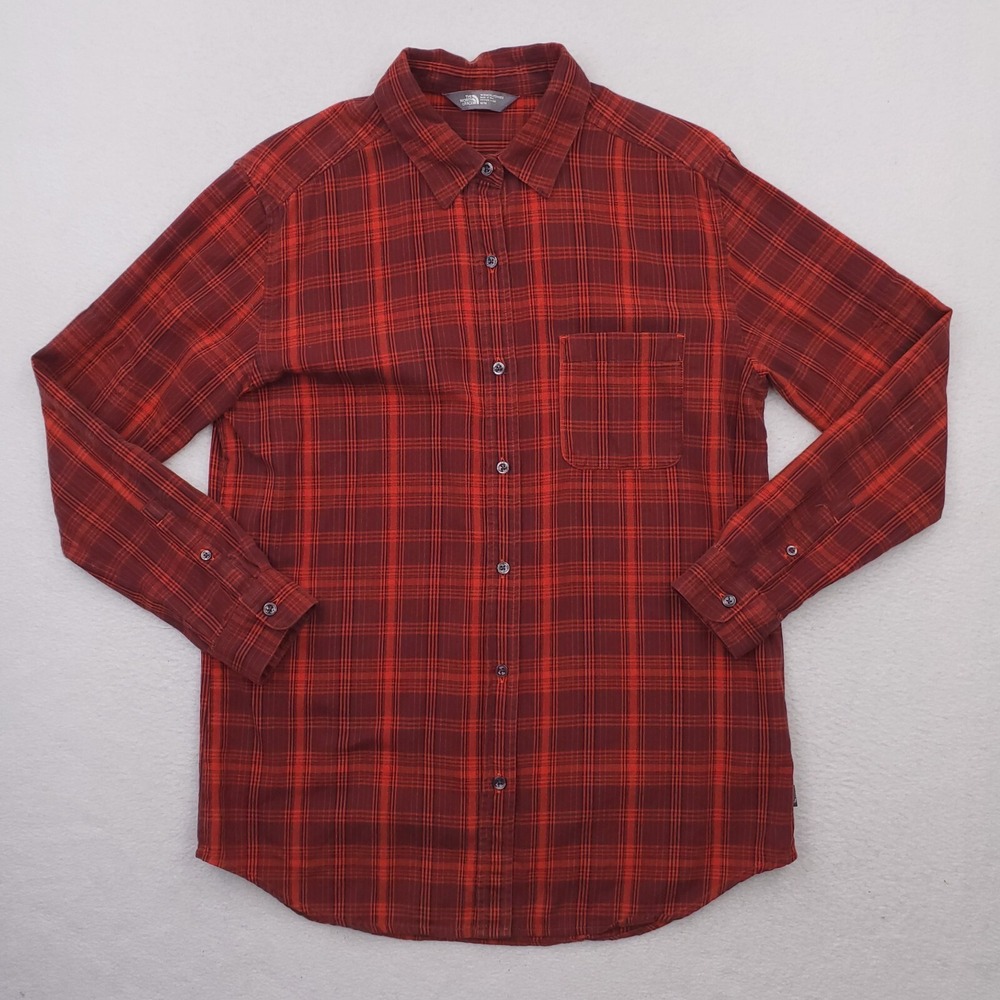 North Face Shirt Womens Medium Red Orange Flannel Plaid Button Up Tartan Outdoor